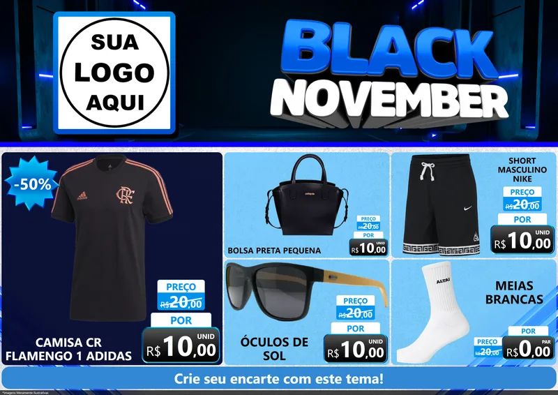 Modelo de Encarte para Encarte A4 Horizontal com o tema Black November para Roupas e acessórios