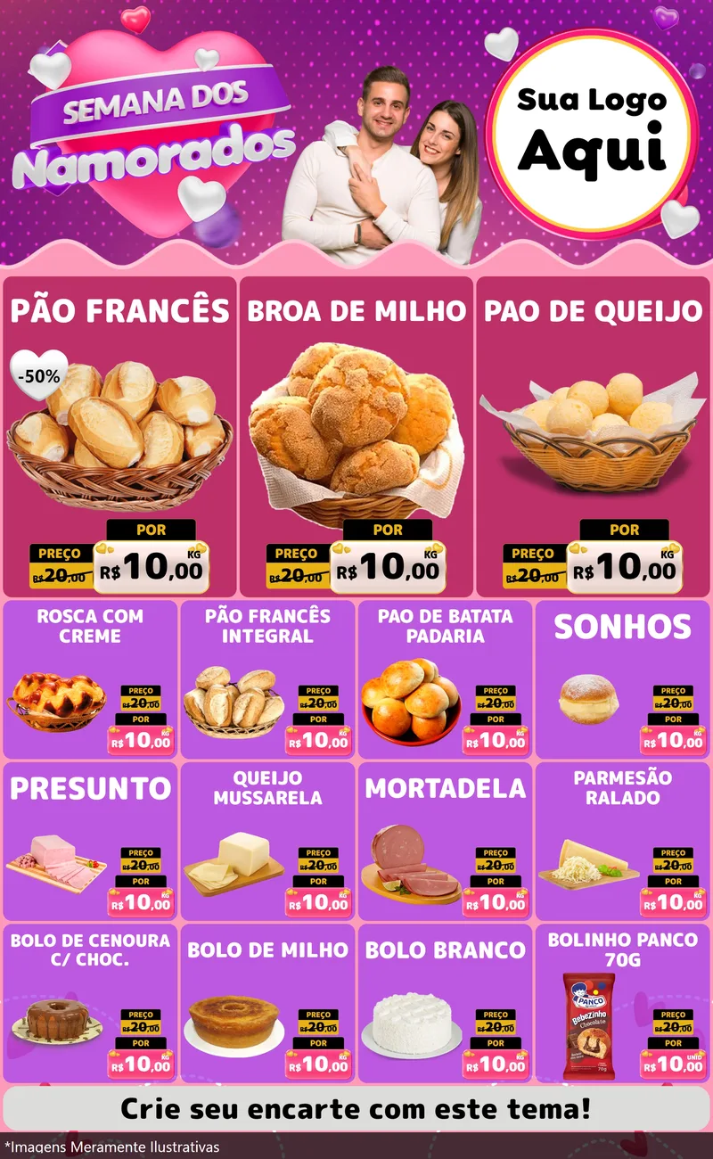 Modelo de Encarte para Encarte Grande com o tema Semana dos Namorados para Padaria