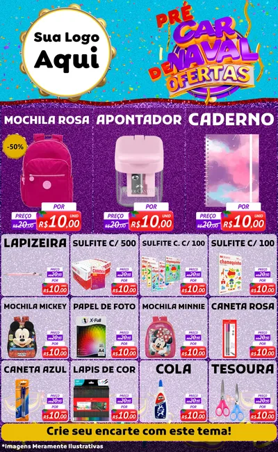 Modelo de Encarte para Encarte Grande com o tema Pré Carnaval de Ofertas para Papelaria
