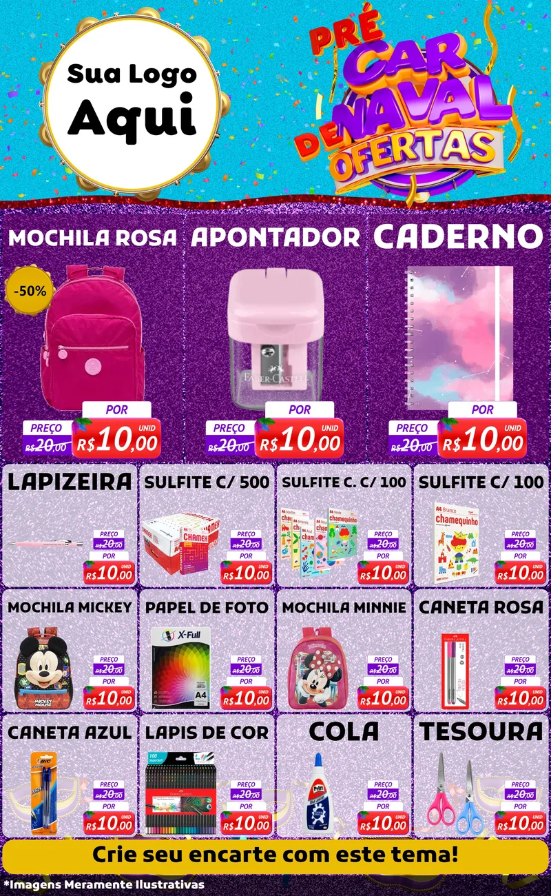 Modelo de Encarte para Encarte Grande com o tema Pré Carnaval de Ofertas para Papelaria