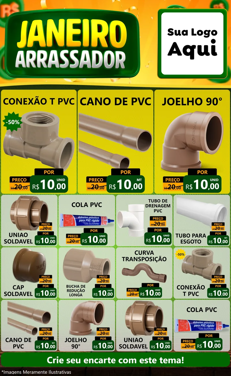 Modelo de Encarte para Encarte Grande com o tema Janeiro Arrasador para Tubos e conexões