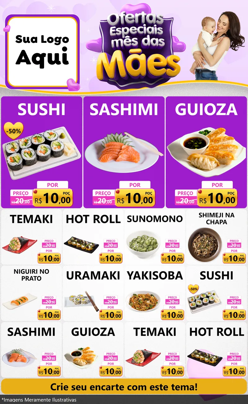 Modelo de Encarte para Encarte Grande com o tema Ofertas Especiais - Mês das Mães para Comida japonesa