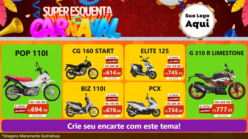 Modelo de TV para TV Horizontal com o tema Super Esquenta de Carnaval para Concessionaria de Motos