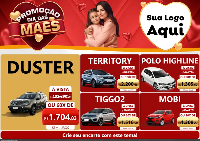 Modelo de Encarte para Encarte A4 Horizontal com o tema Promoção Dia das Mães para Concessionaria de Carros