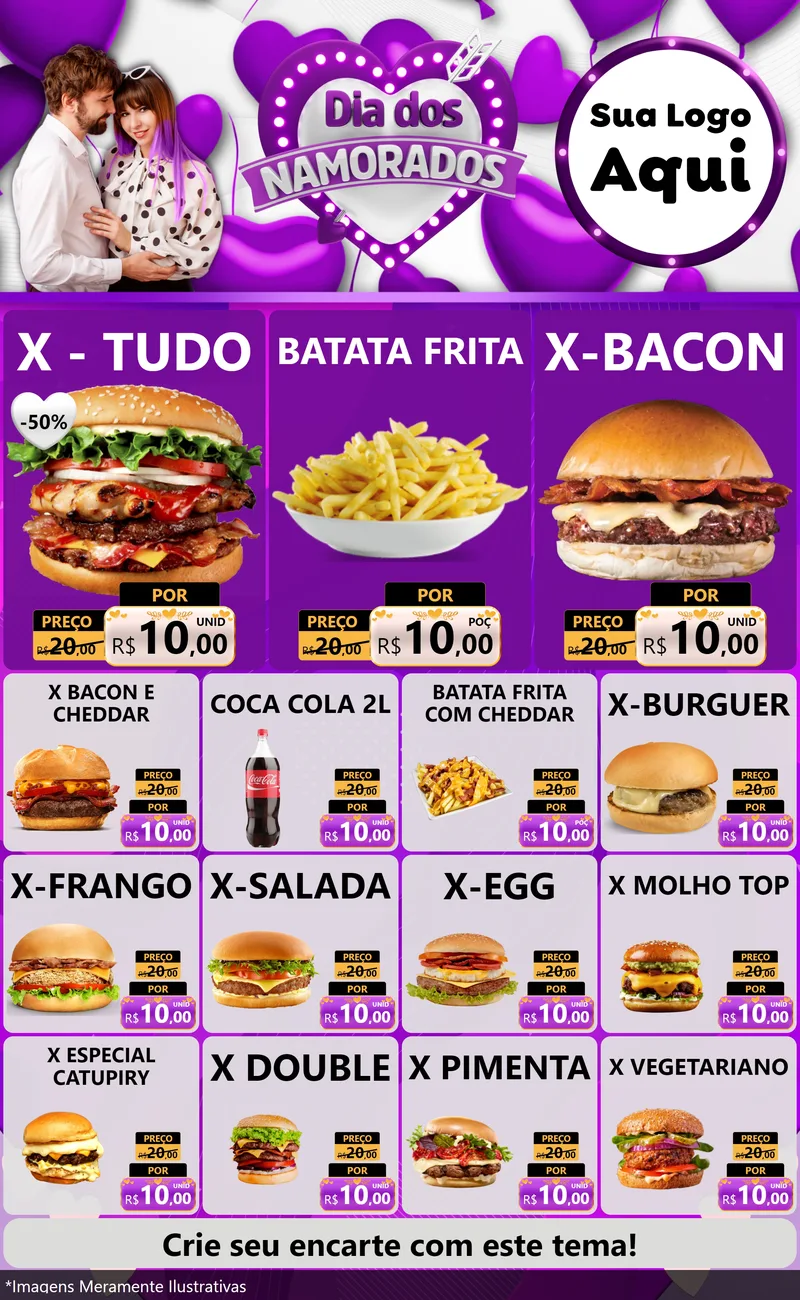 Modelo de Encarte para Encarte Grande com o tema Dia dos Namorados para Hamburgueria
