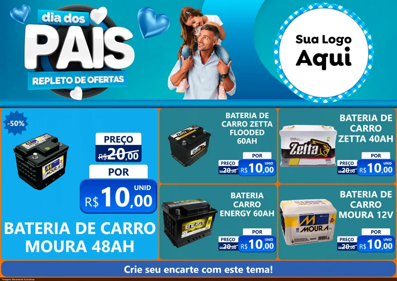 Modelo de Encarte para Encarte A4 Horizontal com o tema Dia Dos Pais Repleto de Ofertas para Baterias Elétricas