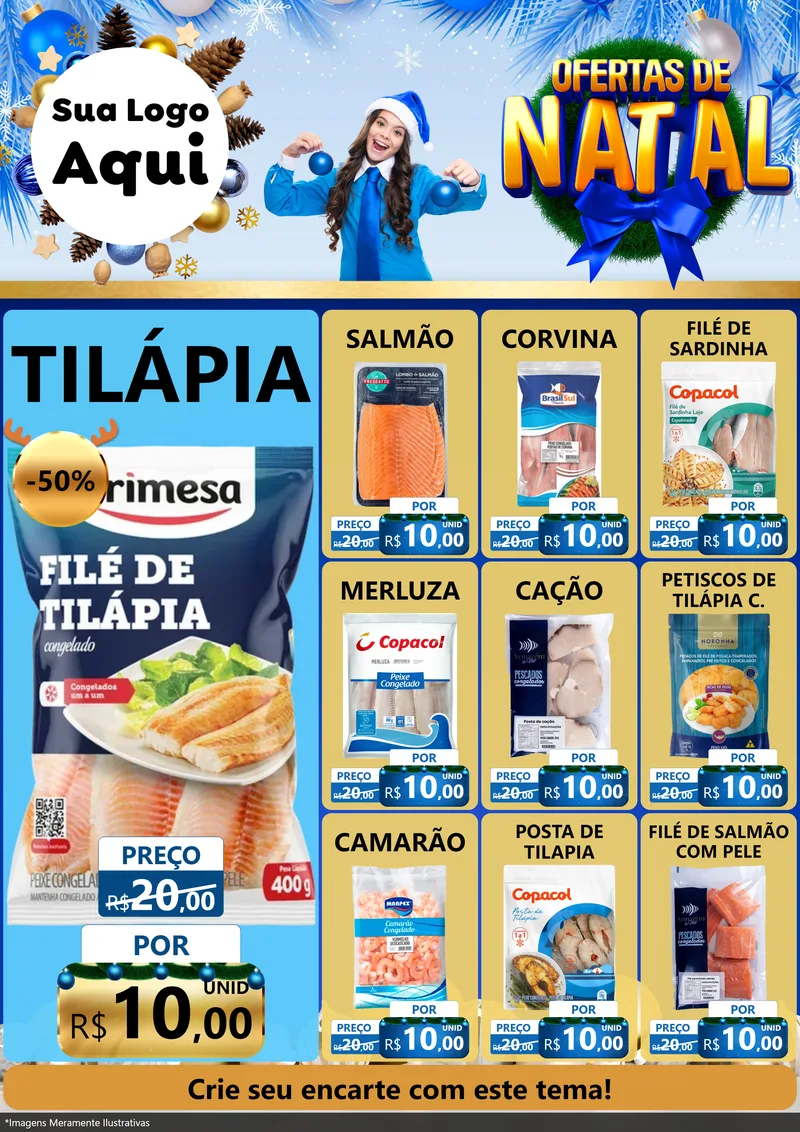 Modelo de Encarte para Encarte A4 Vertical com o tema Ofertas de Natal para Peixaria