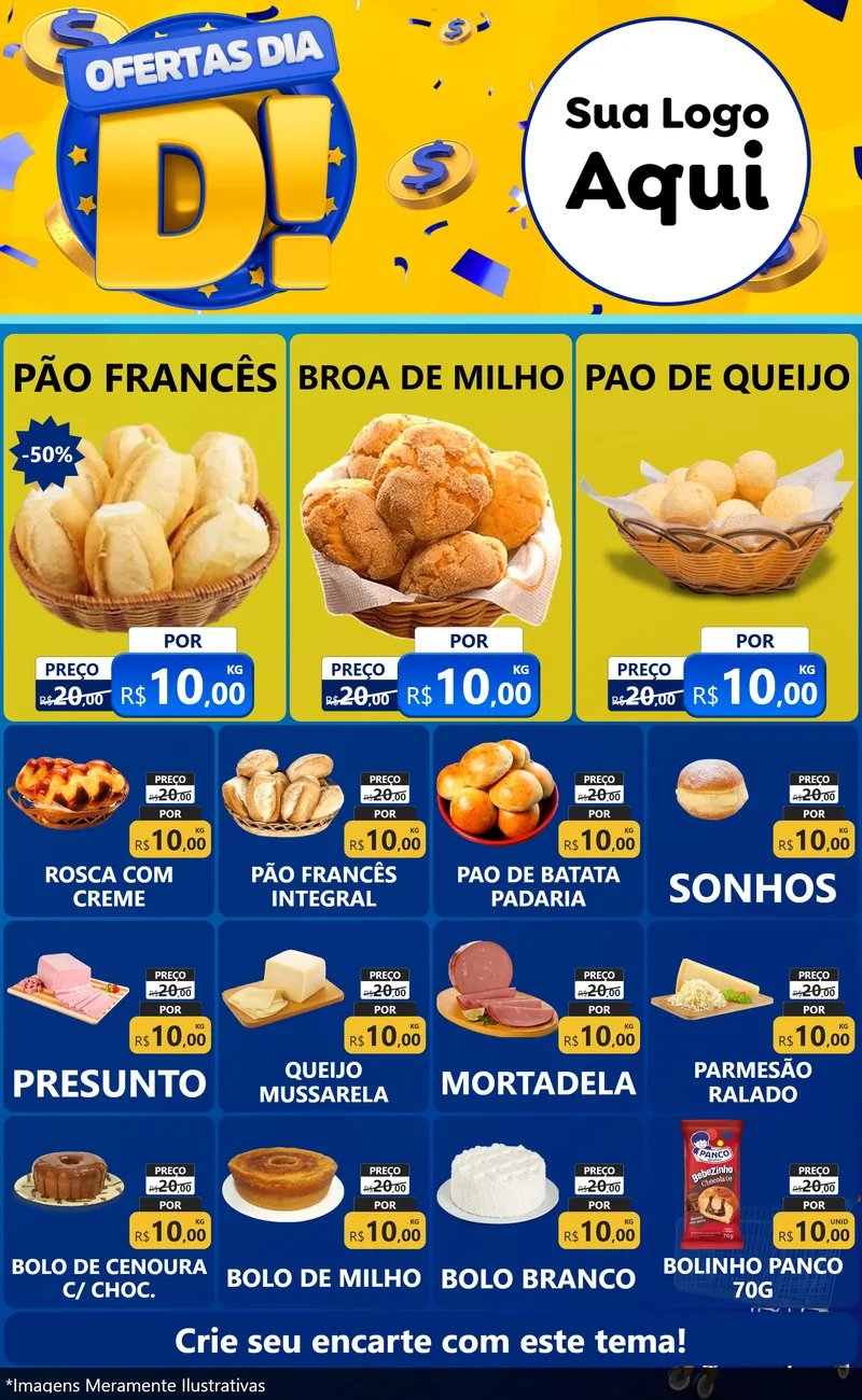Modelo de Encarte para Encarte Grande com o tema Ofertas Dia D para Padaria