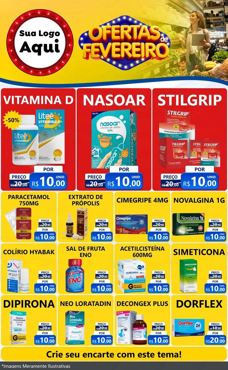 Modelo de Encarte para Encarte Grande com o tema Ofertas de Fevereiro para Farmácia