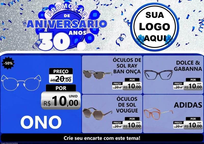 Modelo de Encarte para Encarte A4 Horizontal com o tema Promoção de Aniversário - 30 Anos para Óticas