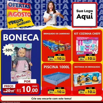 Modelo de Rede Social para Feed Facebook com o tema Ofertas de Agosto - Preços Incríveis para Brinquedos