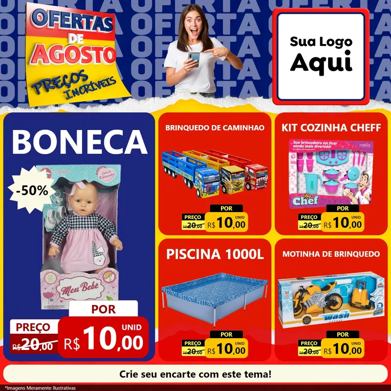 Modelo de Rede Social para Feed Facebook com o tema Ofertas de Agosto - Preços Incríveis para Brinquedos