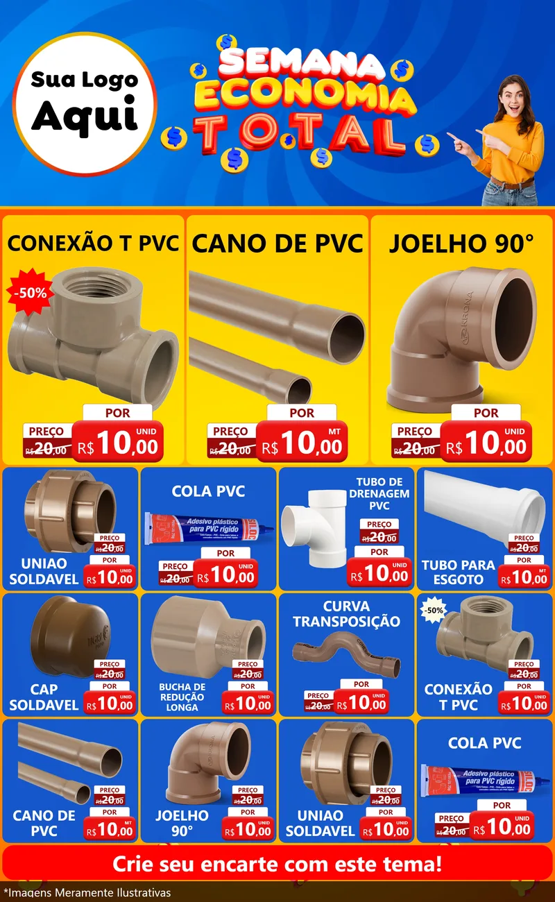 Modelo de Encarte para Encarte Grande com o tema Semana Economia Total para Tubos e conexões