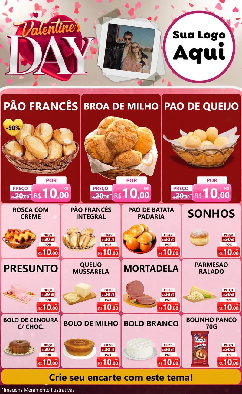 Modelo de Encarte para Encarte Grande com o tema Valentine's Day para Padaria