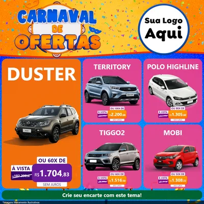 Modelo de Rede Social para Feed Facebook com o tema Carnaval de Ofertas para Concessionaria de Carros