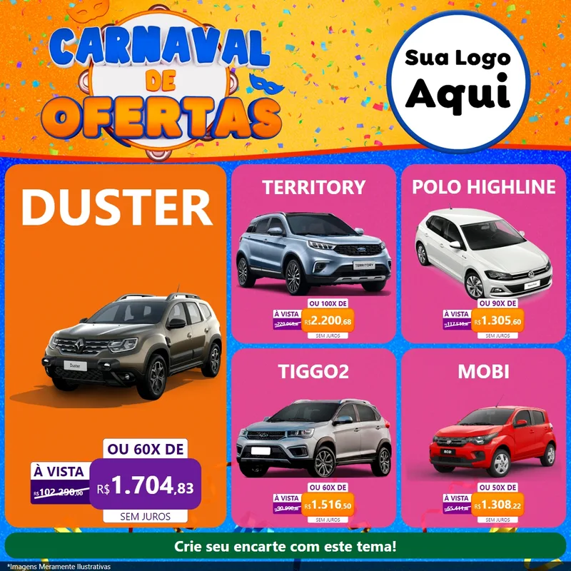 Modelo de Rede Social para Feed Facebook com o tema Carnaval de Ofertas para Concessionaria de Carros