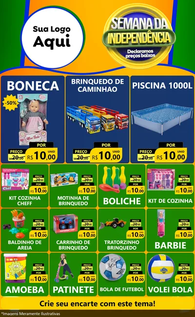 Modelo de Encarte para Encarte Grande com o tema Semana da Independência Declaramos Preços Baixos para Brinquedos