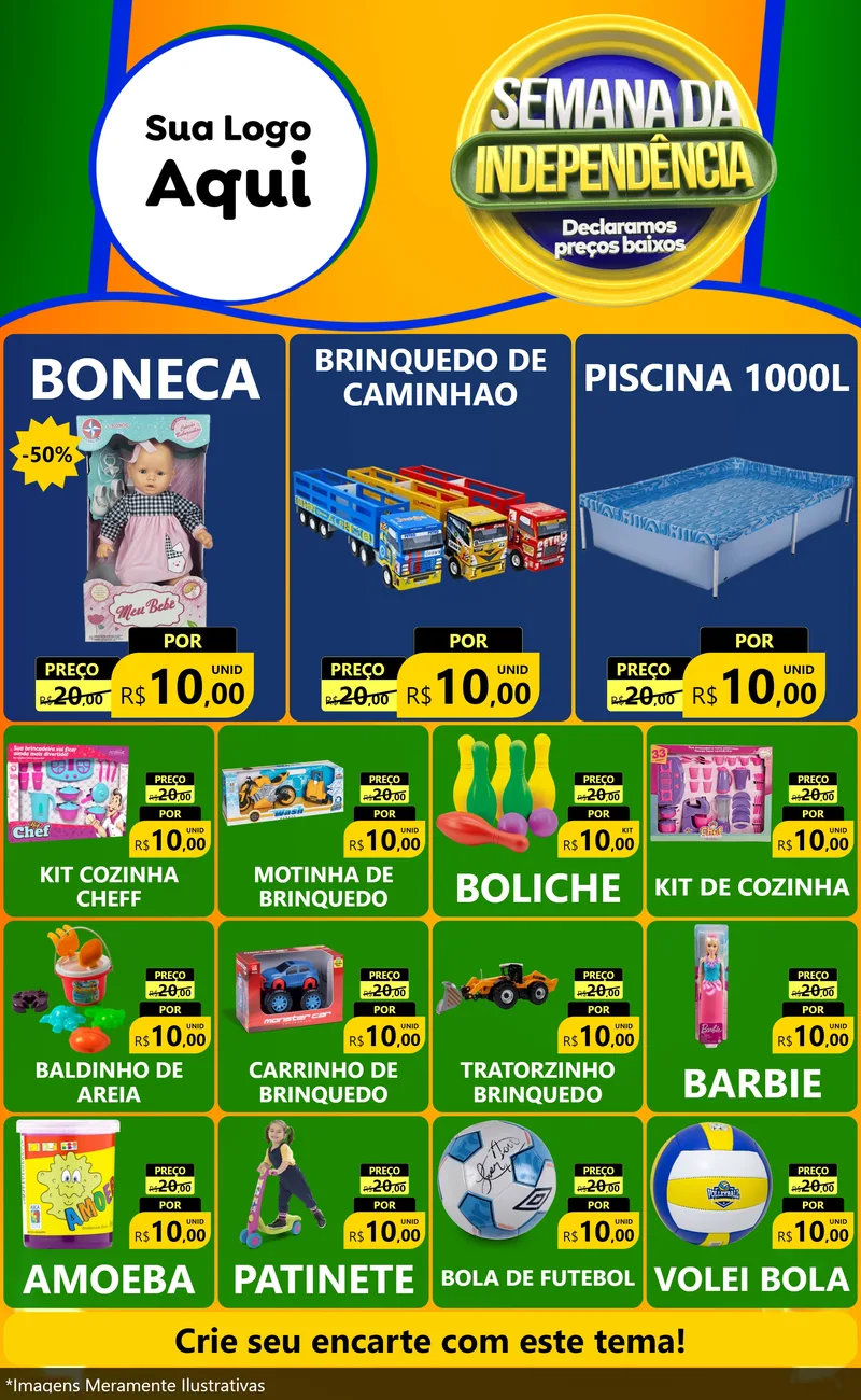 Modelo de Encarte para Encarte Grande com o tema Semana da Independência Declaramos Preços Baixos para Brinquedos