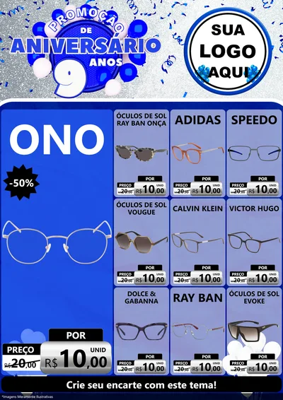 Modelo de Encarte para Encarte A4 Vertical com o tema Promoção de Aniversário - 9 Anos para Óticas