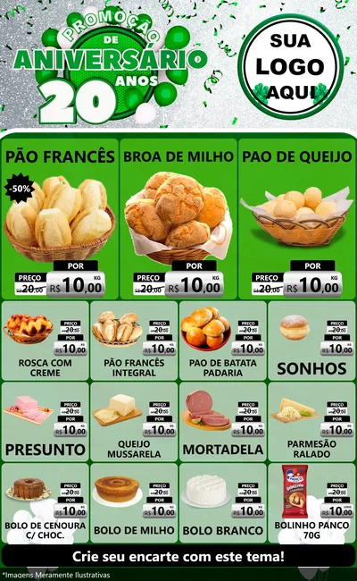 Modelo de Encarte para Encarte Grande com o tema Promoção de Aniversário - 20 Anos para Padaria