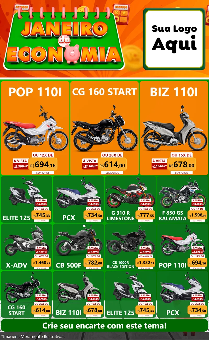Modelo de Encarte para Encarte Grande com o tema Janeiro da Economia para Concessionaria de Motos