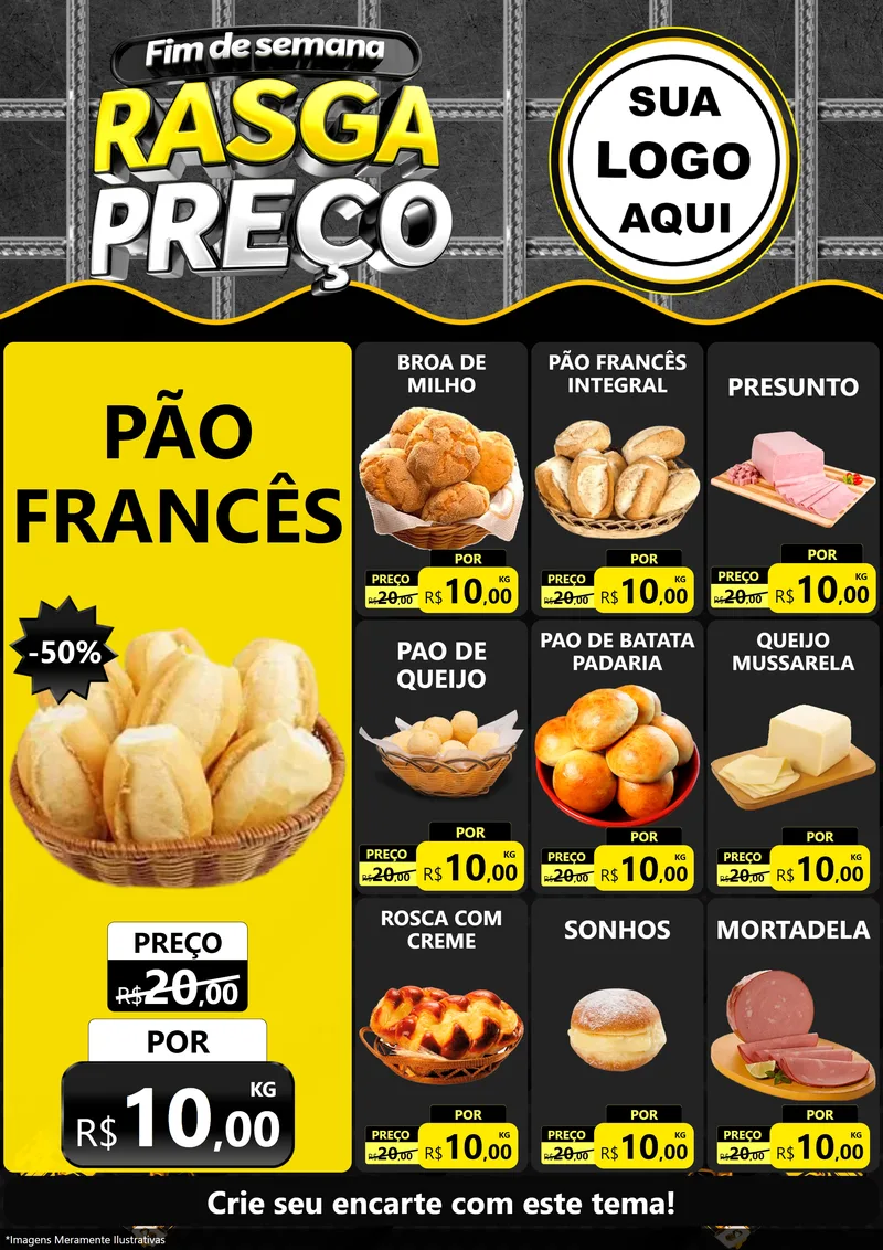 Modelo de Encarte para Encarte A4 Vertical com o tema Fim de Semana Rasga Preço para Padaria