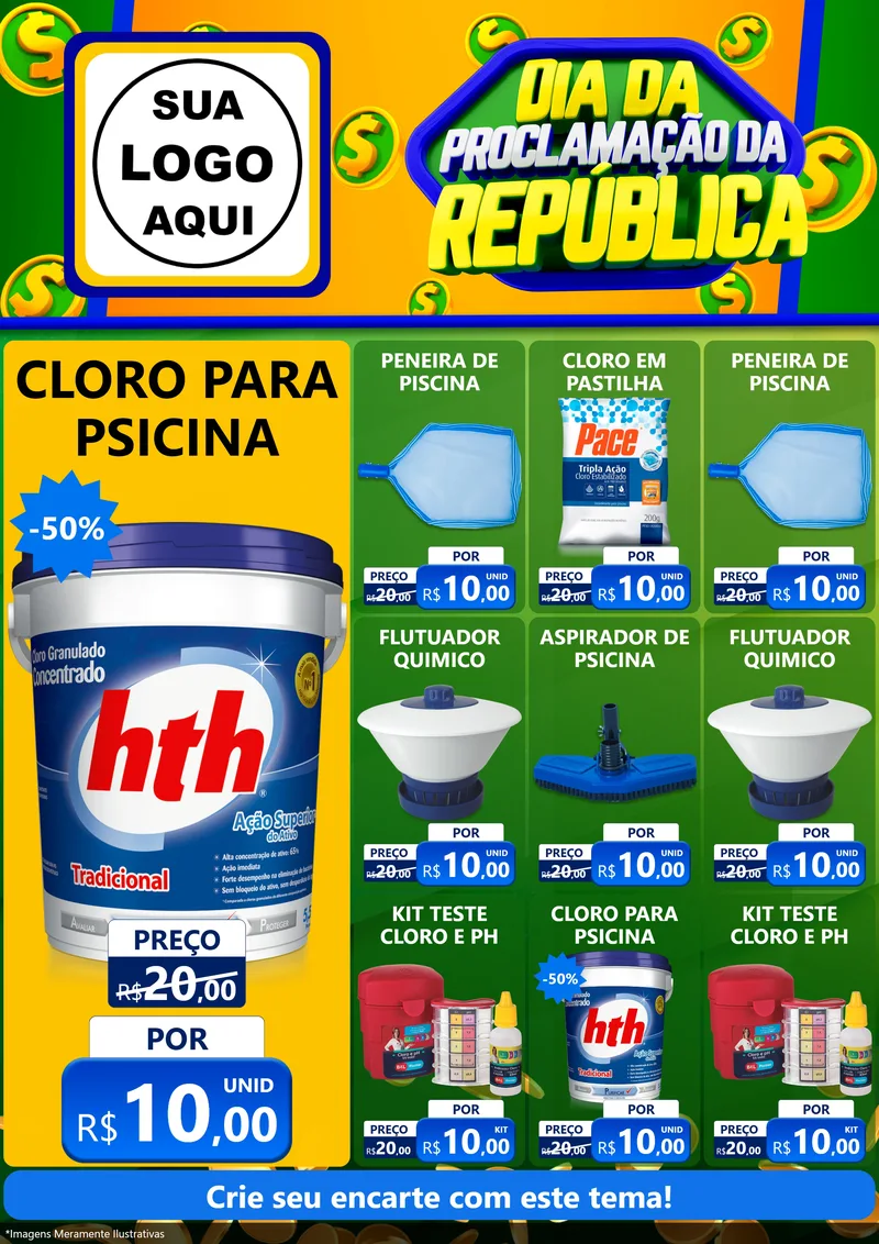 Modelo de Encarte para Encarte A4 Vertical com o tema Dia Da Proclamação da República para Produtos para Piscina