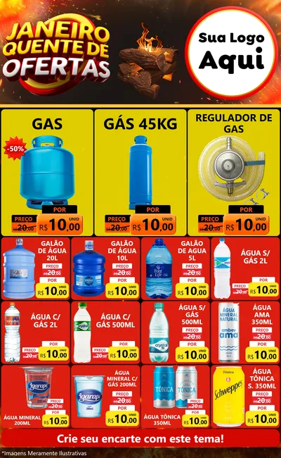 Modelo de Encarte para Encarte Grande com o tema Janeiro Quente de Ofertas para Água e gás