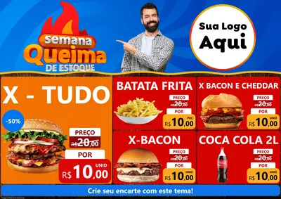 Modelo de Encarte para Encarte A4 Horizontal com o tema Semana Queima de Estoque para Hamburgueria