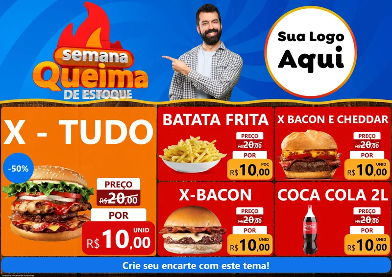 Modelo de Encarte para Encarte A4 Horizontal com o tema Semana Queima de Estoque para Hamburgueria