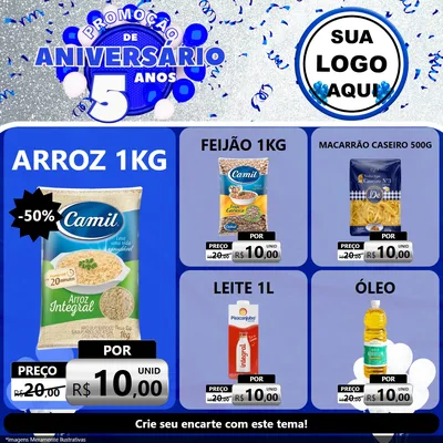 Modelo de Rede Social para Feed Facebook com o tema Promoção de Aniversário - 5 Anos para Supermercado