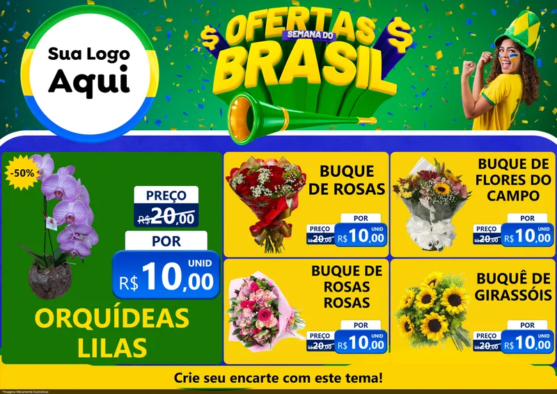 Modelo de Encarte para Encarte A4 Horizontal com o tema Ofertas Semana do Brasil para Floricultura e jardim