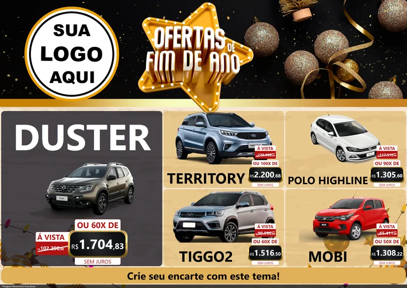 Modelo de Encarte para Encarte A4 Horizontal com o tema Ofertas de Fim de Ano para Concessionaria de Carros