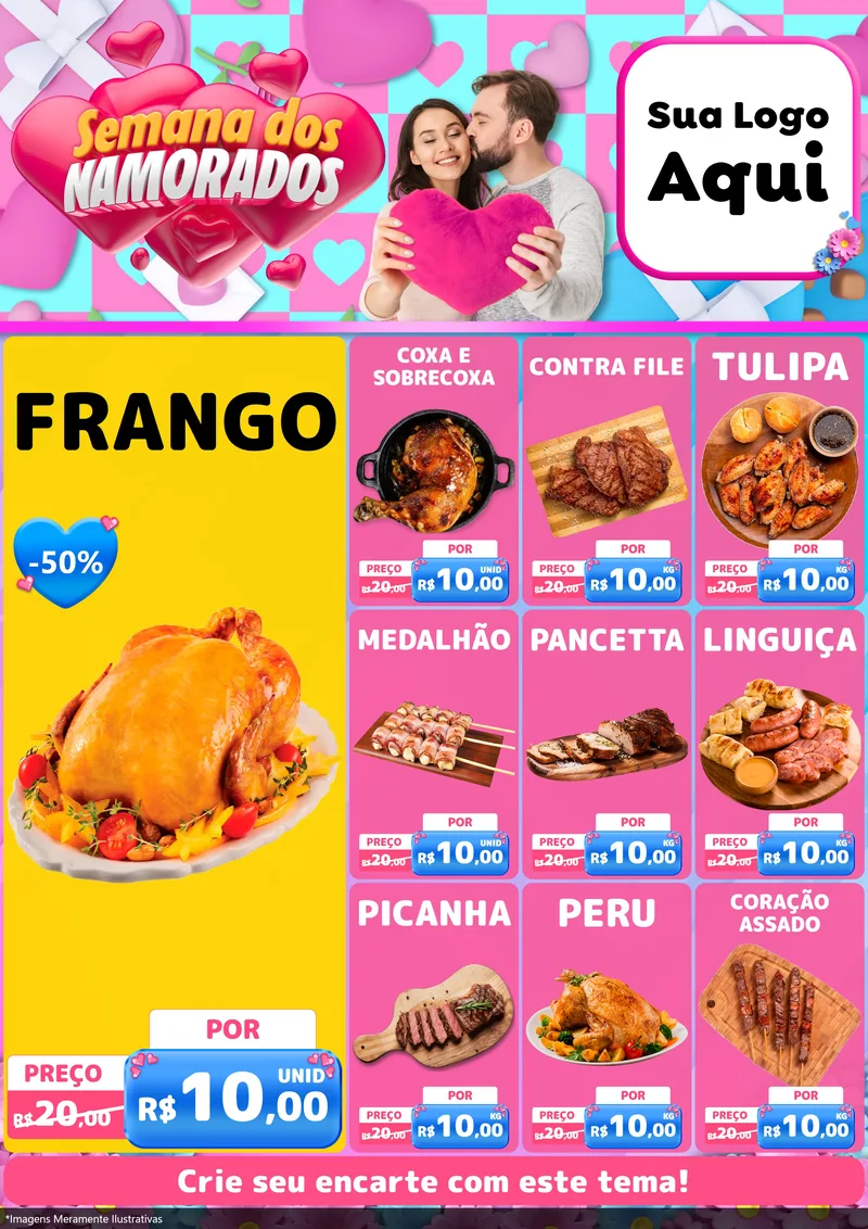 Modelo de Encarte para Encarte A4 Vertical com o tema Semana dos Namorados para Assados