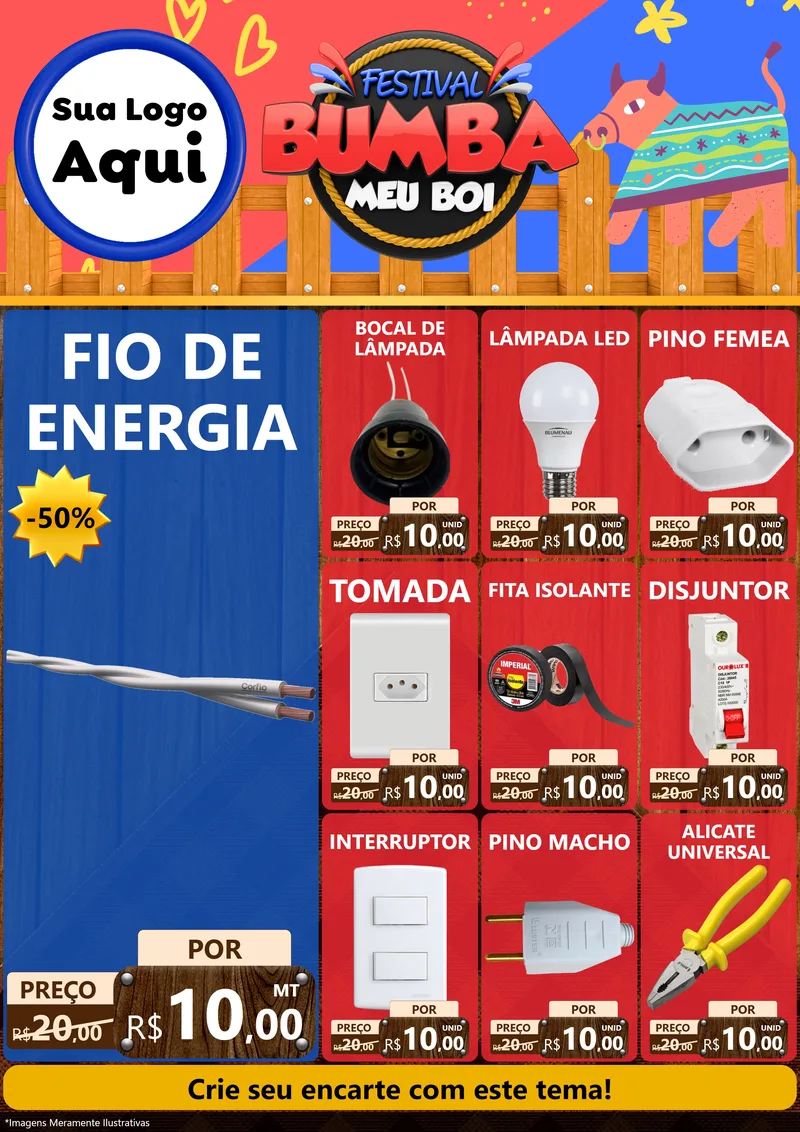 Modelo de Encarte para Encarte A4 Vertical com o tema Festival Bumba Meu Boi para Materiais Elétricos