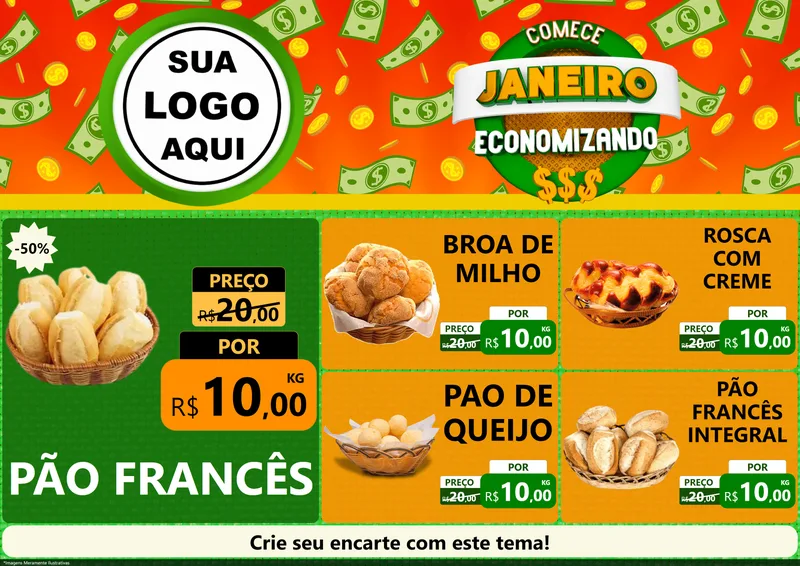 Modelo de Encarte para Encarte A4 Horizontal com o tema Comece Janeiro Economizando para Padaria