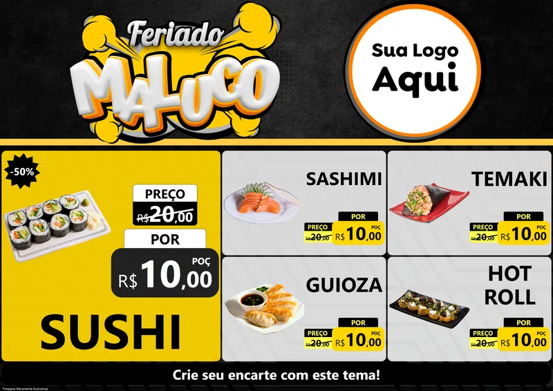 Modelo de Encarte para Encarte A4 Horizontal com o tema Feriado Maluco para Comida japonesa