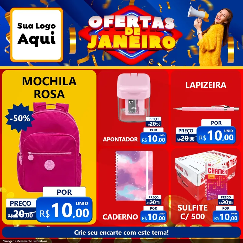 Modelo de Rede Social para Feed Facebook com o tema Ofertas de Janeiro para Papelaria