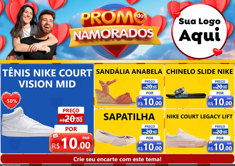 Modelo de Encarte para Encarte A4 Horizontal com o tema Promo dos Namorados para Calçados