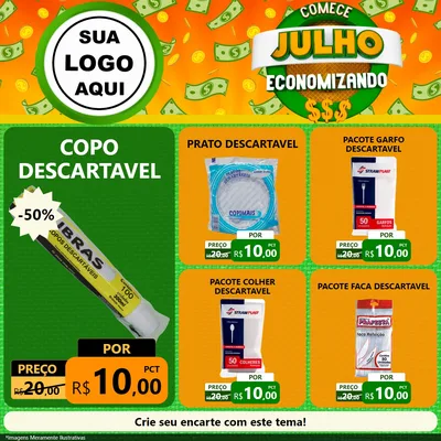 Modelo de Rede Social para Feed Facebook com o tema Comece Julho Economizando para Embalagens