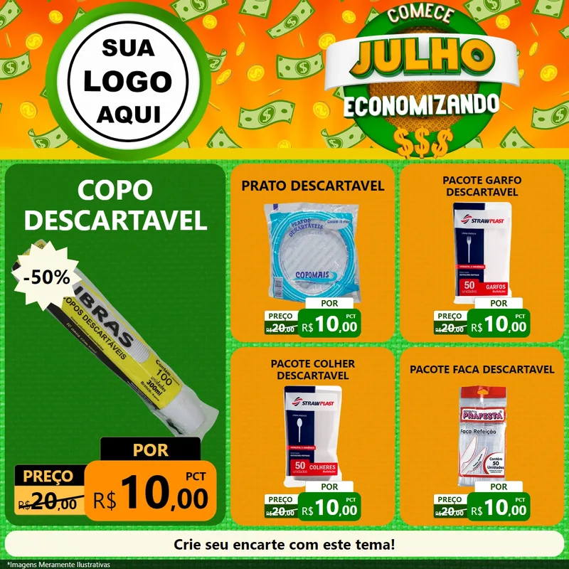 Modelo de Rede Social para Feed Facebook com o tema Comece Julho Economizando para Embalagens