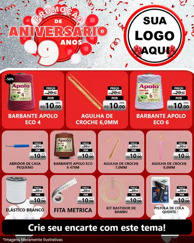 Modelo de Rede Social para Feed Instagram com o tema Promoção de Aniversário - 9 Anos para Armarinho e Aviamentos