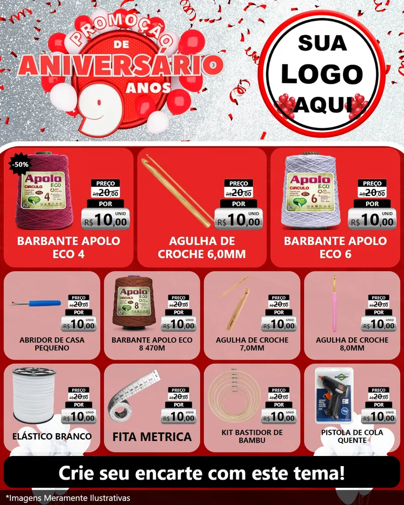 Modelo de Rede Social para Feed Instagram com o tema Promoção de Aniversário - 9 Anos para Armarinho e Aviamentos