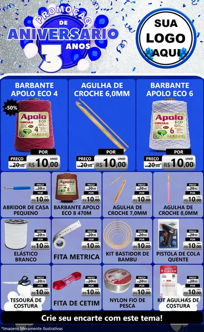 Modelo de Encarte para Encarte Grande com o tema Promoção de Aniversário - 3 Anos para Armarinho e Aviamentos