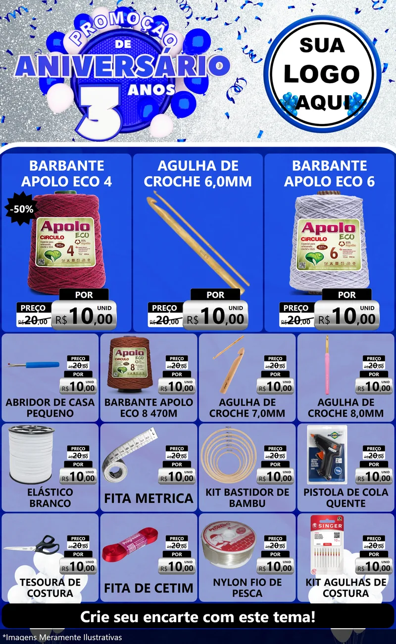 Modelo de Encarte para Encarte Grande com o tema Promoção de Aniversário - 3 Anos para Armarinho e Aviamentos