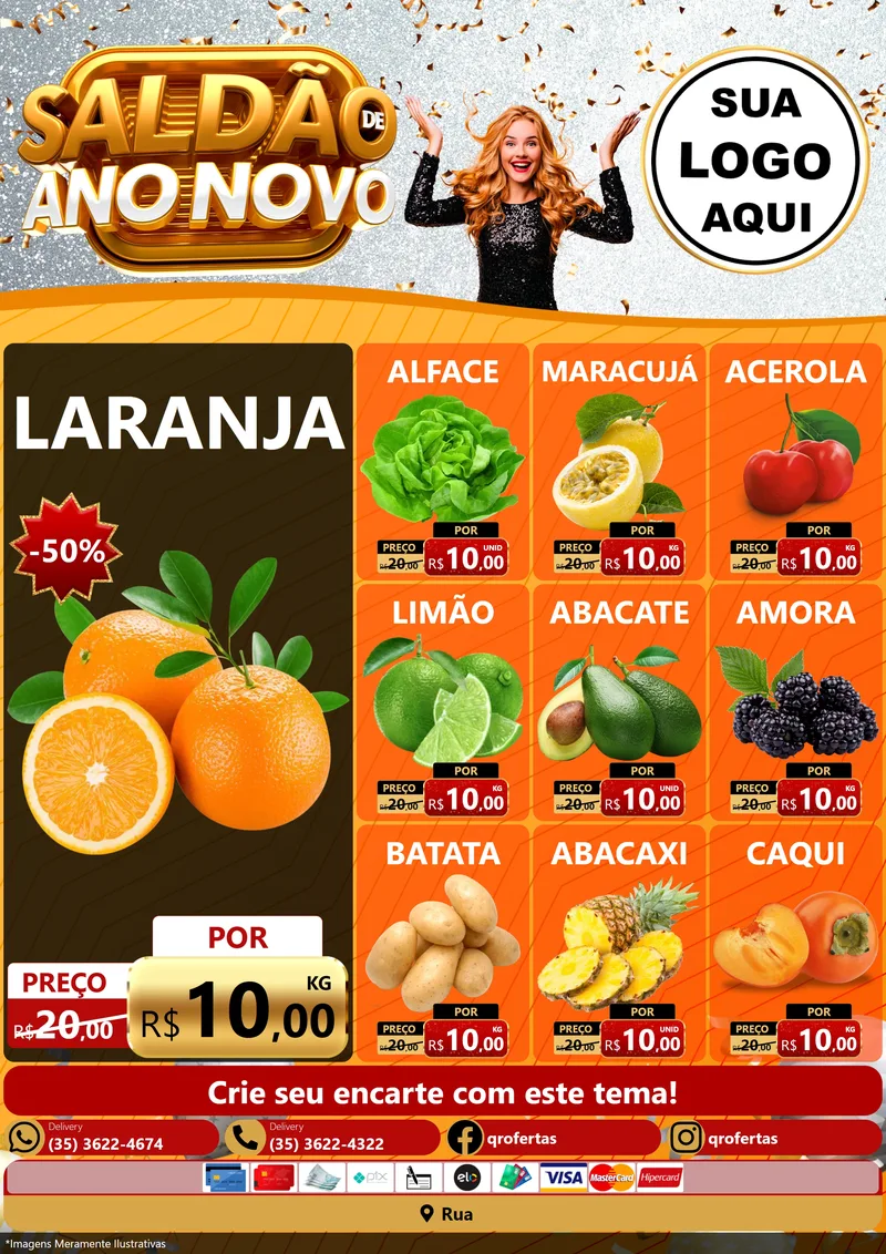 Modelo de Encarte para Encarte A4 Vertical com o tema Saldão de Ano Novo para Hortifrúti