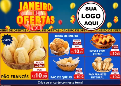 Modelo de Encarte para Encarte A4 Horizontal com o tema Janeiro de Ofertas É Aqui! para Padaria