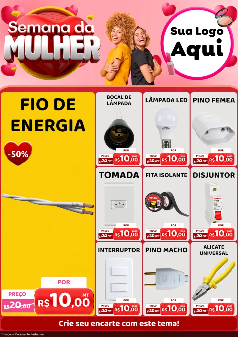 Modelo de Encarte para Encarte A4 Vertical com o tema Semana da Mulher para Materiais Elétricos