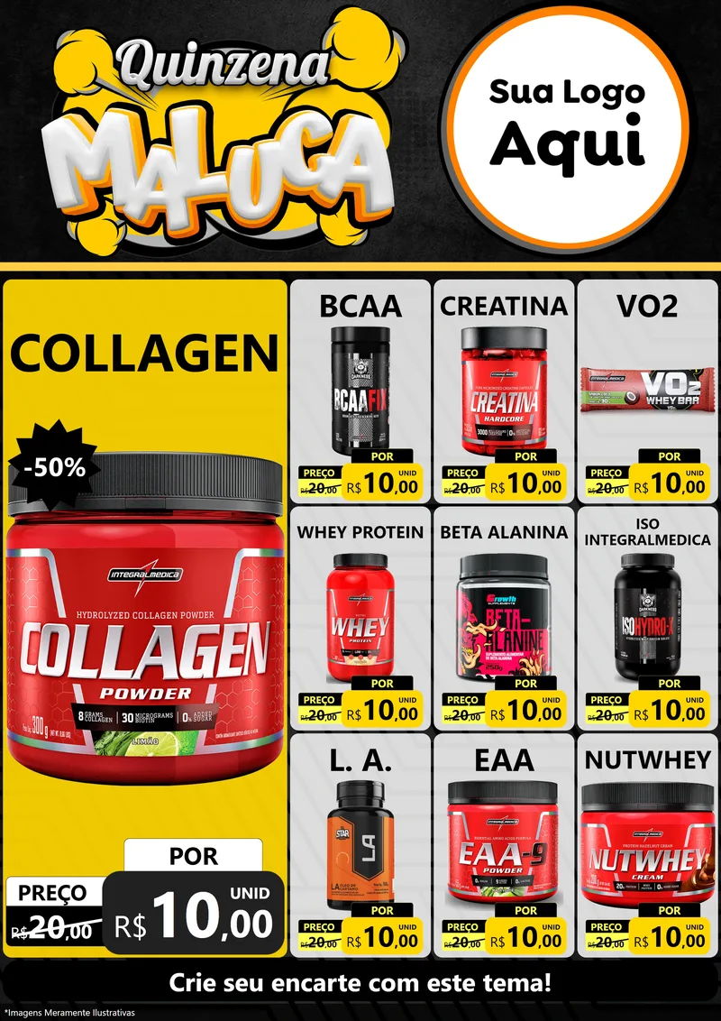Modelo de Encarte para Encarte A4 Vertical com o tema Quinzena Maluca para Suplementos alimentares