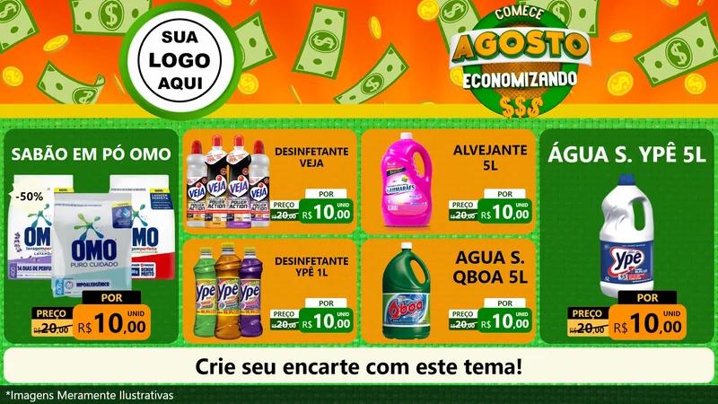 Modelo de TV para TV Horizontal com o tema Comece Agosto Economizando para Produtos de Limpeza